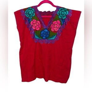 Mexican Floral Embroidered V-Neck Huipil Oaxaca Cotton Red Boxy Fit Top S/M